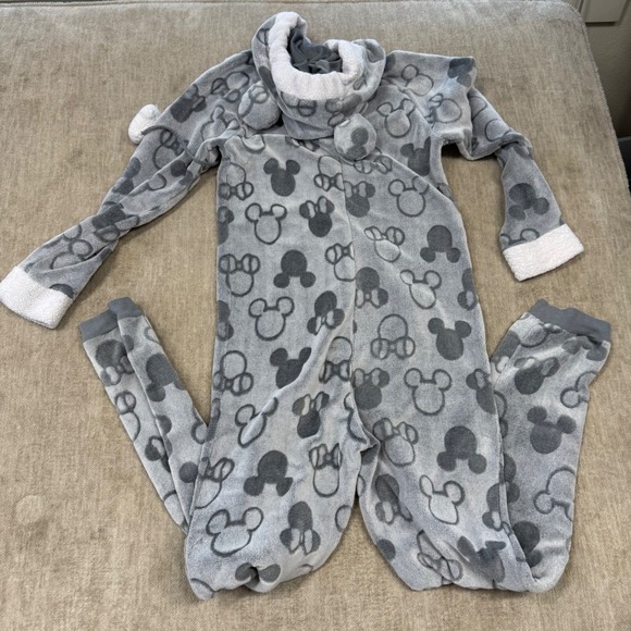 Disney Mickey Minnie Mouse Grey Fleece Hooded Union Suit Onesie Pajamas Womens S - Picture 3 of 10